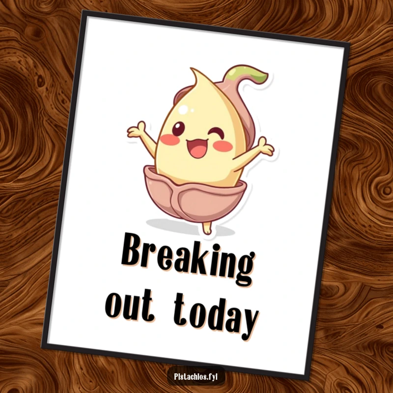Funny jubilant pistachio nut character bursting from its shell, presented as humorous and energetic wall art.