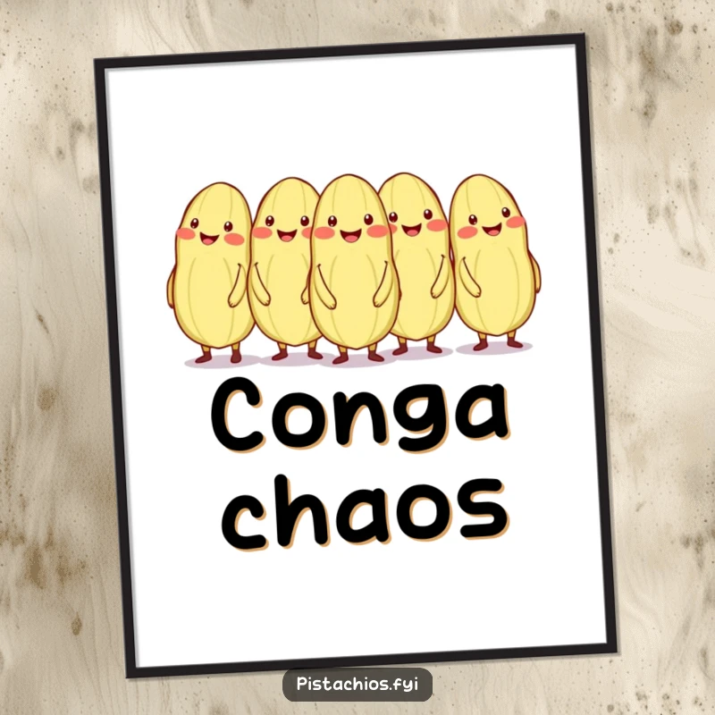 Funny conga line of smiling pistachios, one out of sync, on a poster.