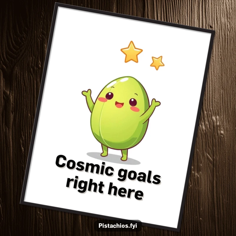 Funny Pistachio Nut Poster: Vibrant green pistachio reaching for a golden star, a humorous and inspiring wall art piece.