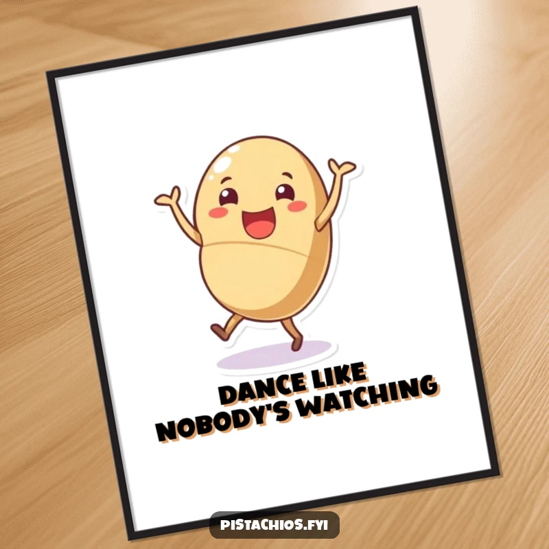 Funny nutty dance poster, cheerful shelled nut character dancing joyfully, energetic and humorous wall art.