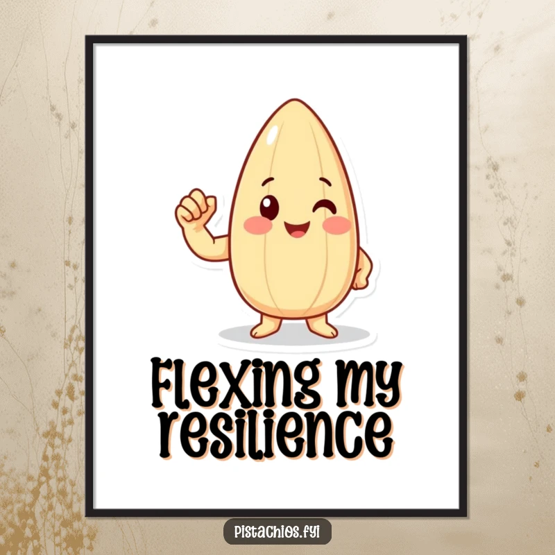 Funny happy almond character flexing a tiny bicep, presented as humorous and motivational wall art.