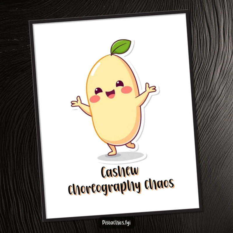 Funny Poster: A cheerful cashew character captured mid-silly dance, radiating joy and playful movement for a vibrant, humorous wall art.