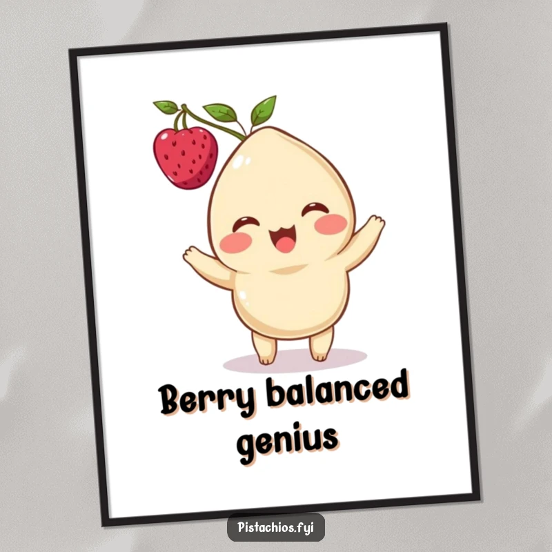Funny poster of a delighted cashew character balancing a single berry on its head, creating charming and whimsical wall art.