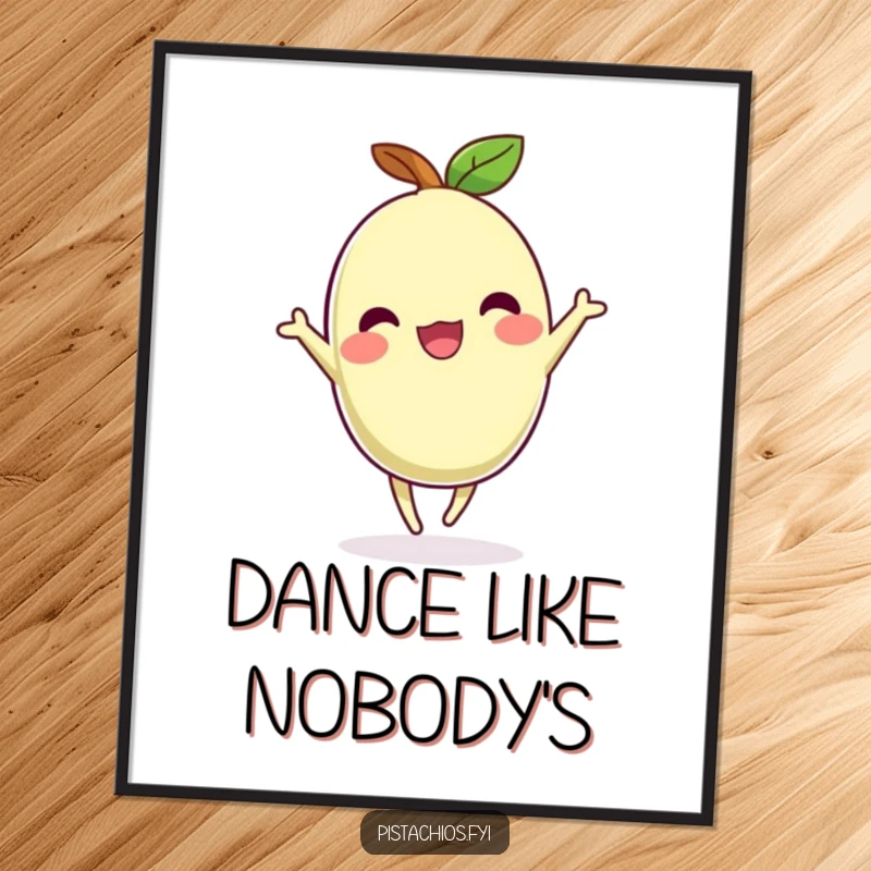 Funny poster of a pistachio dancing with glee, bringing vibrant energy and humor to wall decor.