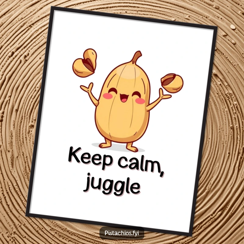 Funny Poster: A playful nut character captured mid-juggle with three tiny shells, showcasing impressive skill and a cheerful demeanor.