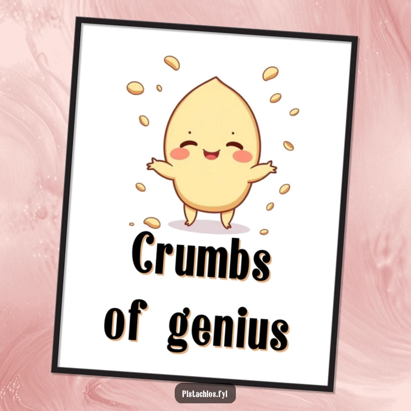 Funny poster of a pistachio giggling while juggling crumbs, perfect for adding a humorous and artistic touch.