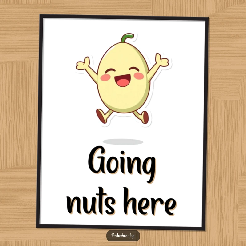 Funny poster art of a happy pistachio character leaping joyfully in the air, adding a whimsical touch to decor.