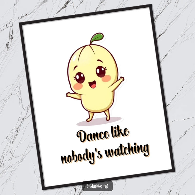Funny poster illustration of a cheerful pistachio character with wide eyes, performing a lively and joyful dance.