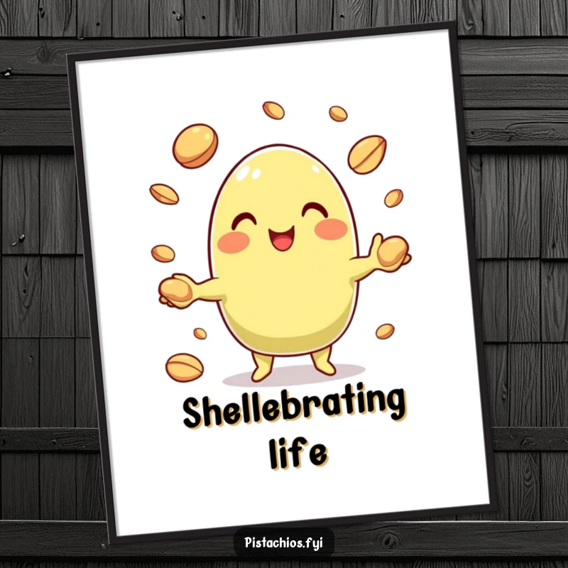 Funny Pistachio Poster illustrating a cheerful character juggling small nut shells, adding a humorous touch to decor.