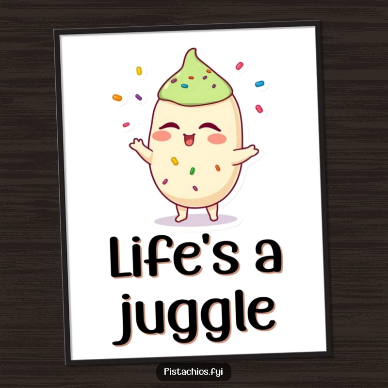 Funny pistachio poster showcasing a winking character expertly juggling vibrant sprinkles, adding whimsical charm to any decor. Excellent funny gift.