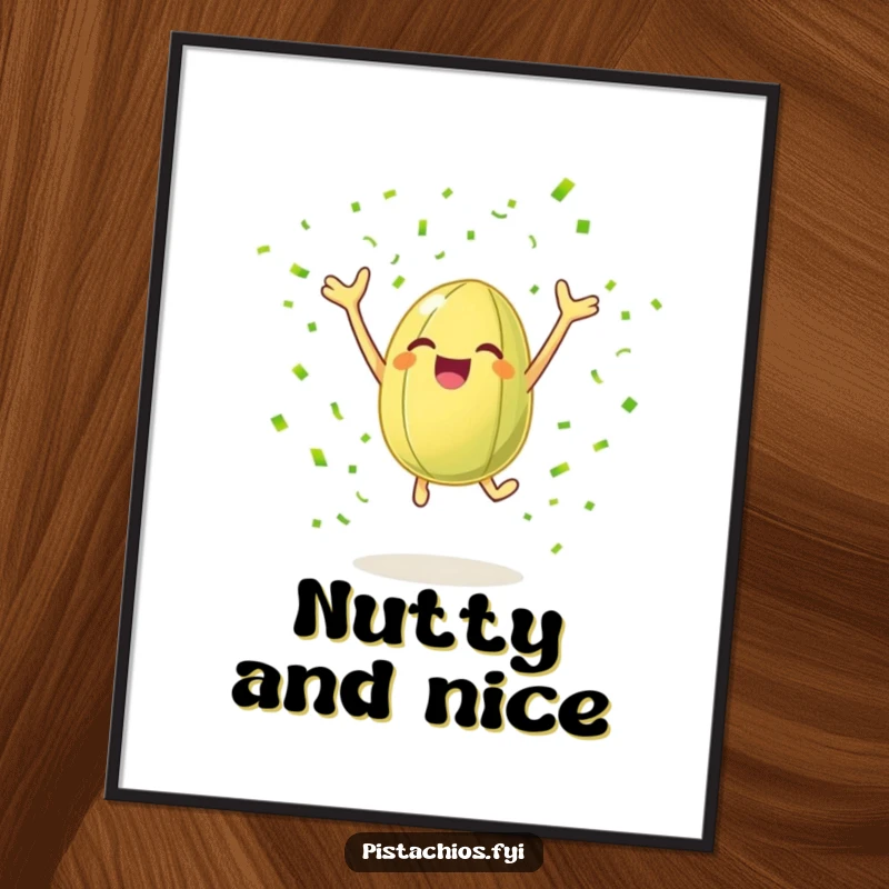 Funny poster featuring a cheerful pistachio nut leaping with joy surrounded by green confetti, creating humorous celebratory wall art.