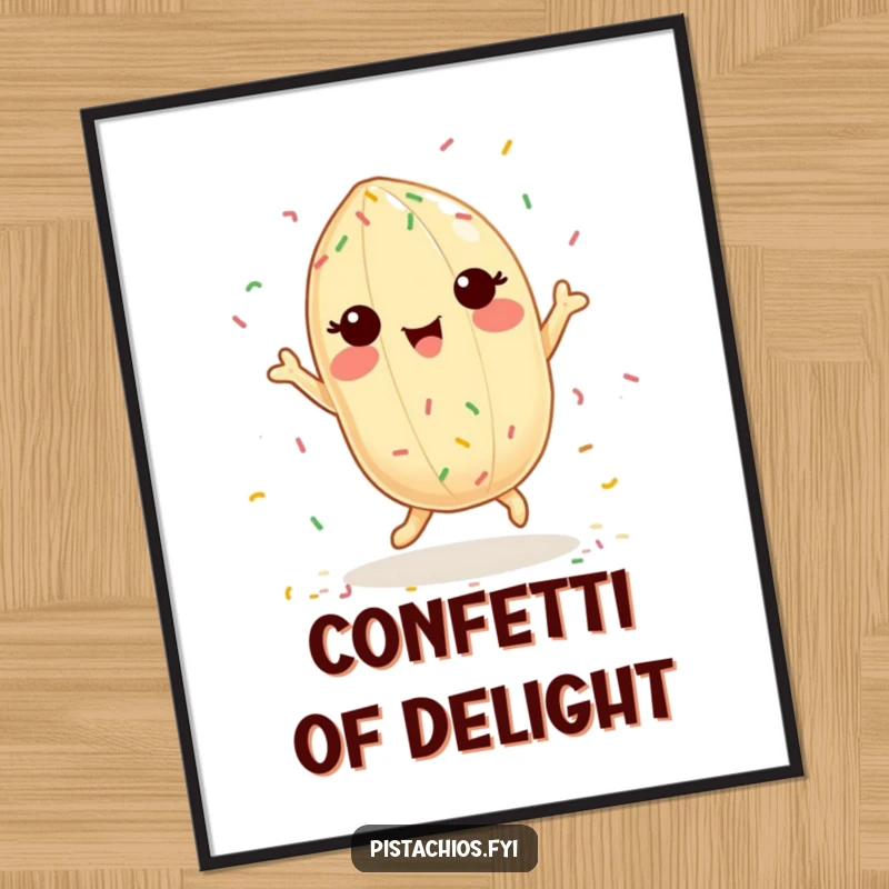 Funny poster art featuring a delighted pistachio character dancing enthusiastically with colorful sprinkles, full of vibrant energy.