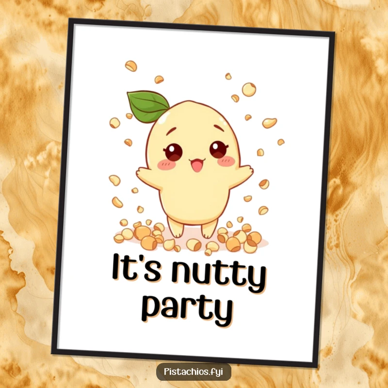 Funny poster art featuring a pistachio character enthusiastically throwing confetti shaped like tiny nuts, full of festive energy.