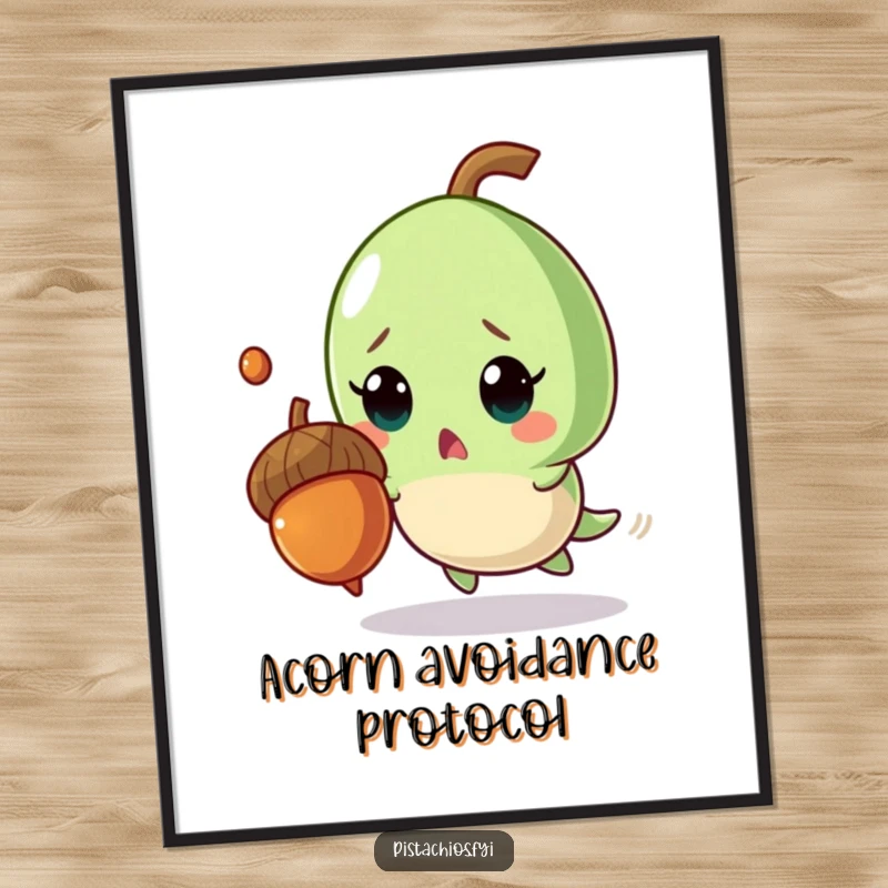 Funny poster art featuring a wide-eyed, surprised pistachio character mid-dodge from a falling acorn, full of comical action.