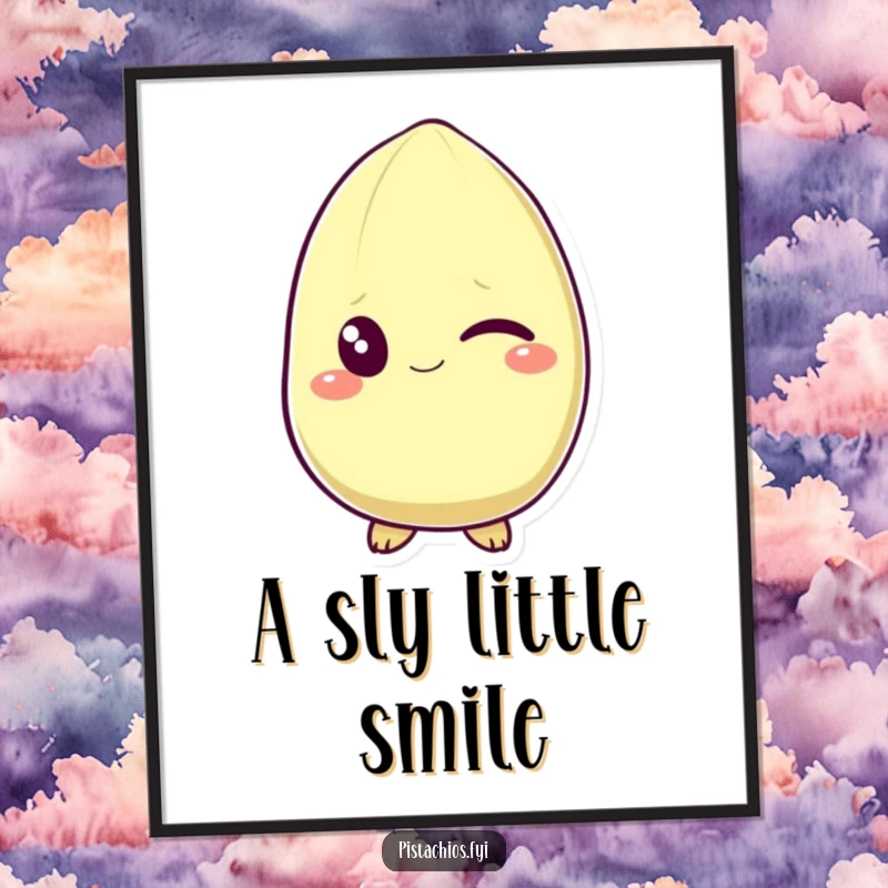 Funny poster art featuring a pistachio character winking with a mischievous grin. This humorous artwork adds a playful and engaging visual element.