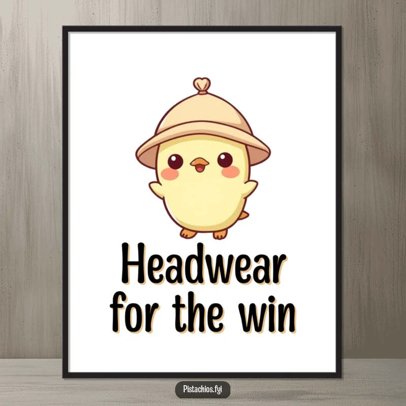 Funny poster of a pistachio character looking dapper in a tiny hat, bringing quirky, nutty charm to decor.