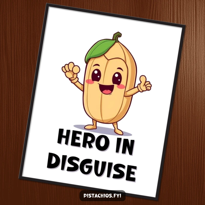 Funny Poster showcasing a delighted Brazil nut character striking a triumphant heroic pose, bringing joy and a sense of accomplishment.