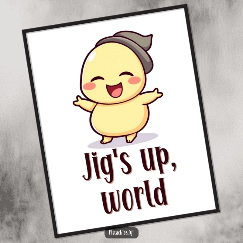 Funny poster showcasing a winking cashew character in mid-celebration dance, its jig full of nutty charisma and infectious energy.