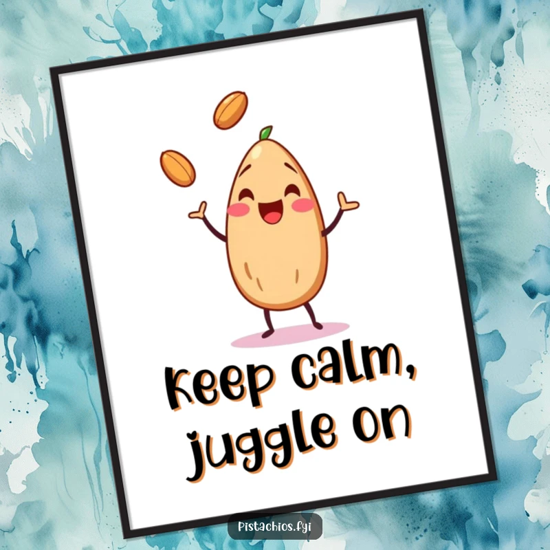 Funny almond character juggling tiny nuts with glee, suitable for wall art, a performance-themed depiction.