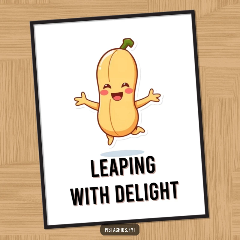 Funny smiling peanut character captured mid-jump, presented as humorous and energetic wall art.