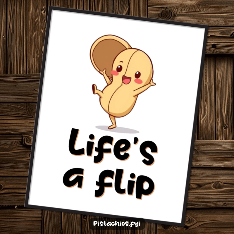 Funny Poster of a playful peanut character doing a cartwheel with its shell open, capturing movement and exuberant, lighthearted fun.