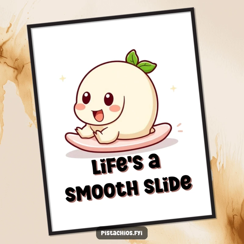 Funny poster art featuring a pistachio character in a playful slide. This humorous artwork captures a dynamic sense of motion and lighthearted fun.