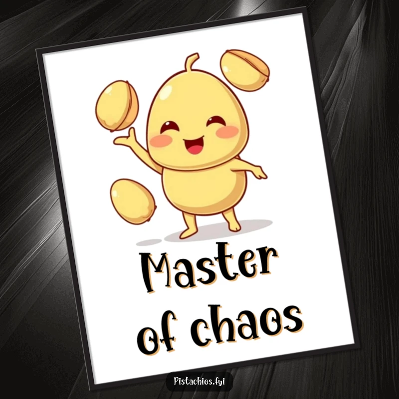 Funny poster illustration of a smiling pistachio character expertly juggling two other pistachios with a cheerful, focused demeanor.