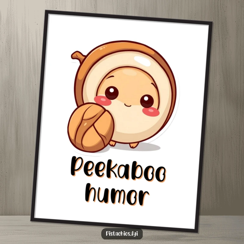 Funny Pecan Poster depicting a shy pecan peeking from behind a larger nut, creating a heartwarming and subtly humorous piece of art.