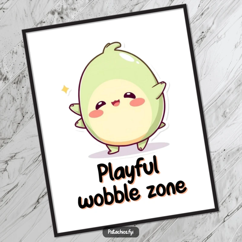 Funny poster illustration of a wobbly pistachio character in a whimsical, playful wobble, adding delightful instability and humorous decor.
