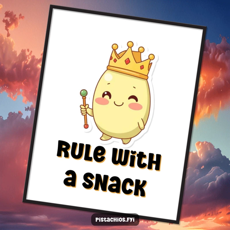 Funny pistachio wearing a tiny crown and holding a miniature scepter, suitable for wall art, a regal depiction.