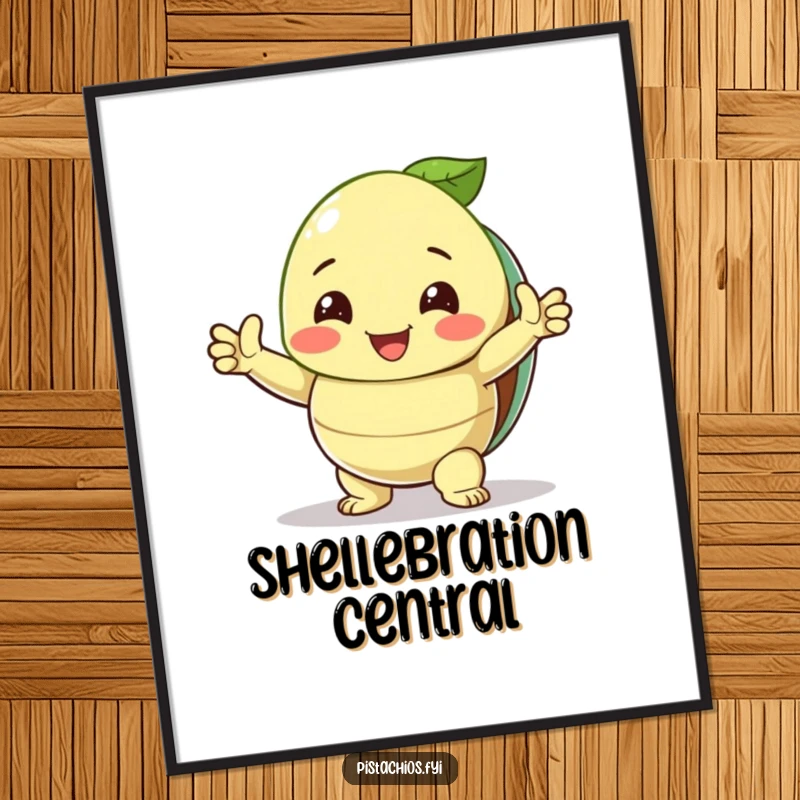 Funny Poster: A smiling pistachio strikes a triumphant pose with its shell open, a humorous celebration of success.