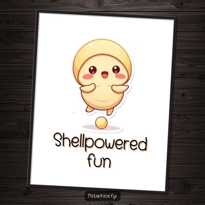 Funny poster art featuring a pistachio character actively bouncing a ball with its shell, full of dynamic movement.