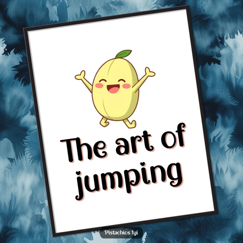 Funny poster showcasing a pistachio character joyfully leaping, bringing dynamic energy and nutty humor to wall decor.