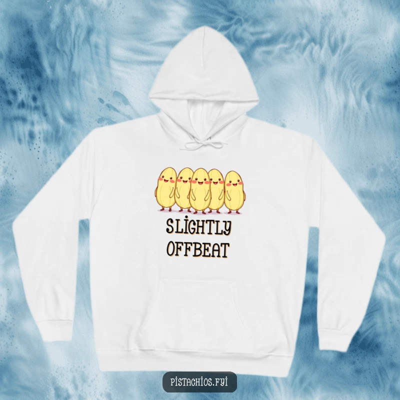 Funny conga line of smiling pistachios, one out of sync, on a hoodie.