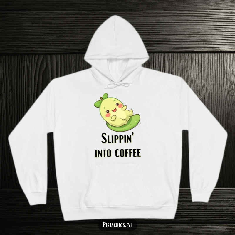 Funny Pistachio Hoodie showing a character gleefully sliding down a green surface, offering comfort and humor.