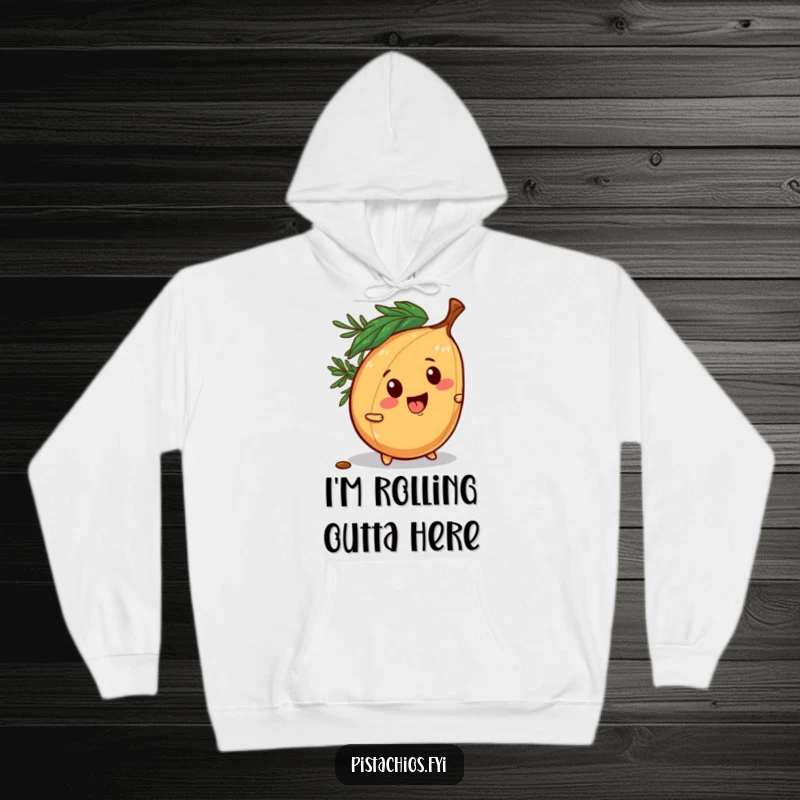 Funny hoodie graphic of a mischievous pine nut character rolling away playfully, embodying a fun and energetic spirit.