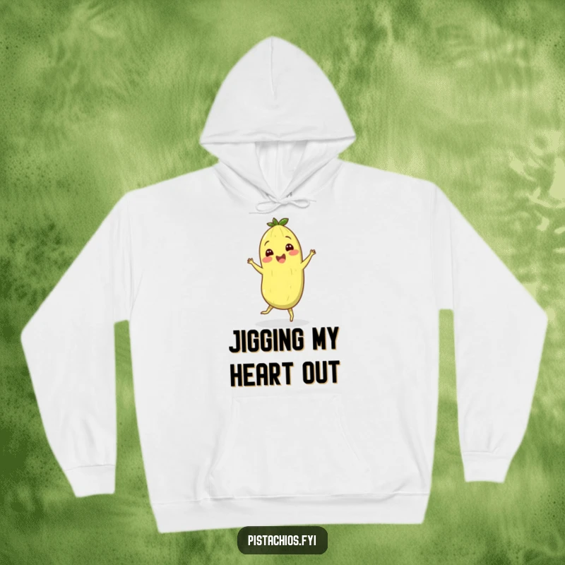 Funny and cozy hoodie showcasing a cheerful pistachio character performing a silly jig, perfect for lounging or dancing.