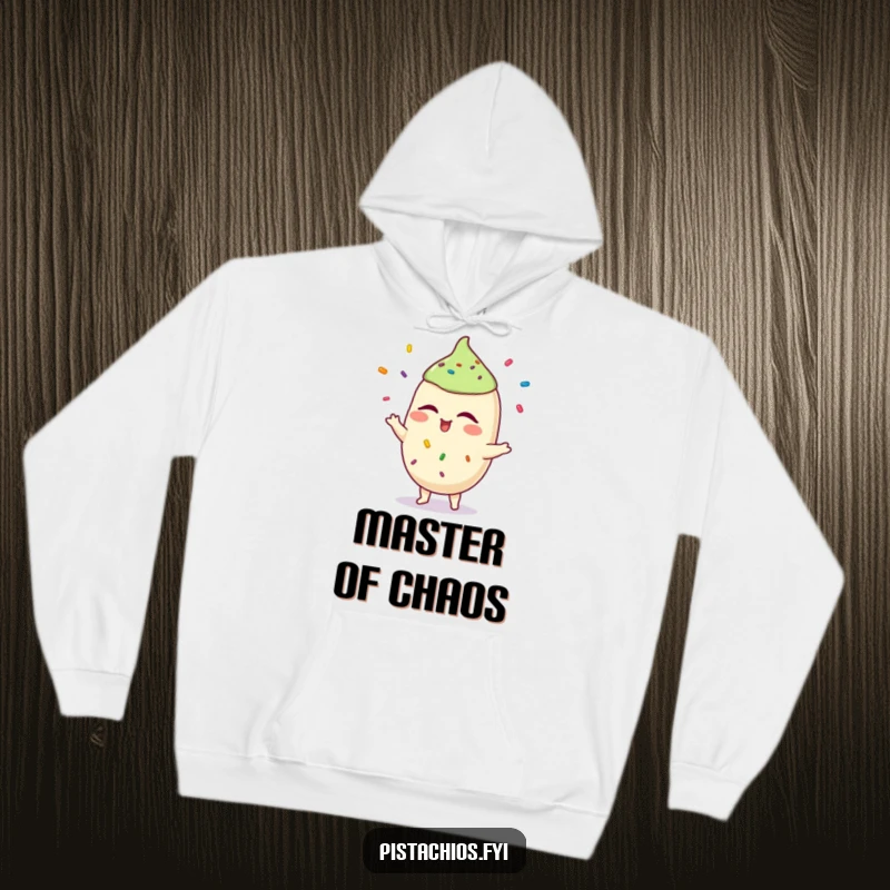 Funny pistachio hoodie with a winking character juggling sprinkles, offering warmth and quirky humor. An ideal funny gift.