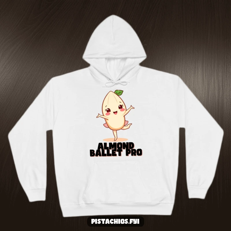 Funny hoodie with a happy almond character performing a balletic pirouette, combining comfort with a touch of nutty elegance.