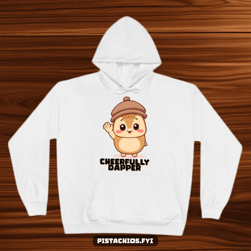 Funny Hoodie featuring a cheerful hazelnut character in a tiny hat, waving hello with a smile, perfect for spreading warmth.