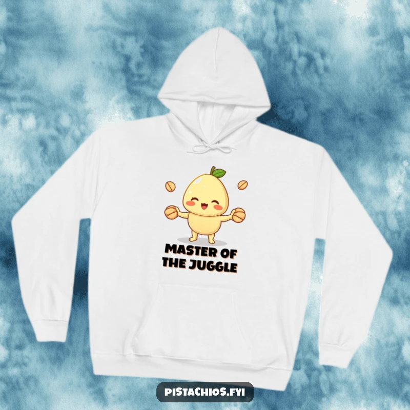 Funny hoodie depicting a cheerful pistachio skillfully juggling its shells. This comfortable apparel offers a blend of warmth and lighthearted amusement.
