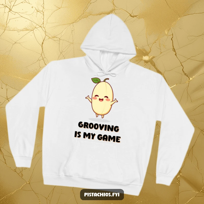 Funny hoodie featuring a delighted pistachio character in a joyful dance, perfect for cozying up and spreading happiness.
