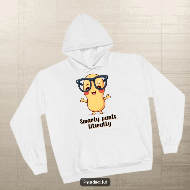 Funny hoodie with a giggling peanut character sporting large glasses in a silly pose, offering warmth and humorous style for cold days.