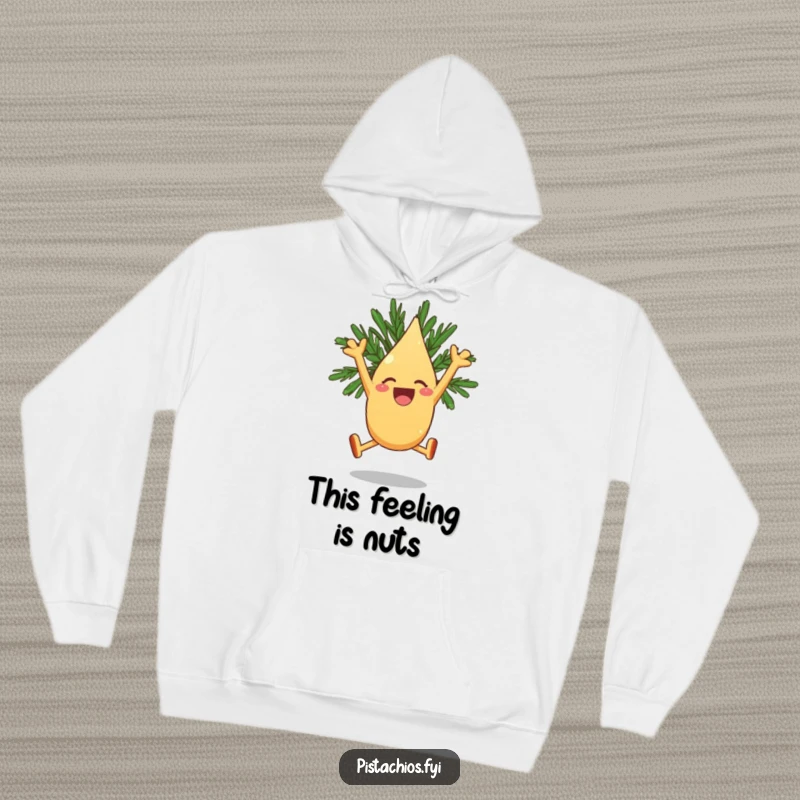 Funny Hoodie: A Joyous Pine Nut Character Leaping with Exuberant Excitement and Cheerfulness.