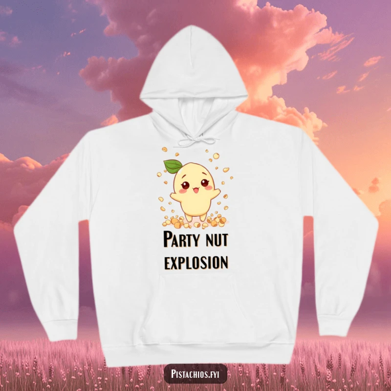 Funny hoodie design: a pistachio character joyfully throwing confetti shaped like small nuts, radiating celebratory energy.