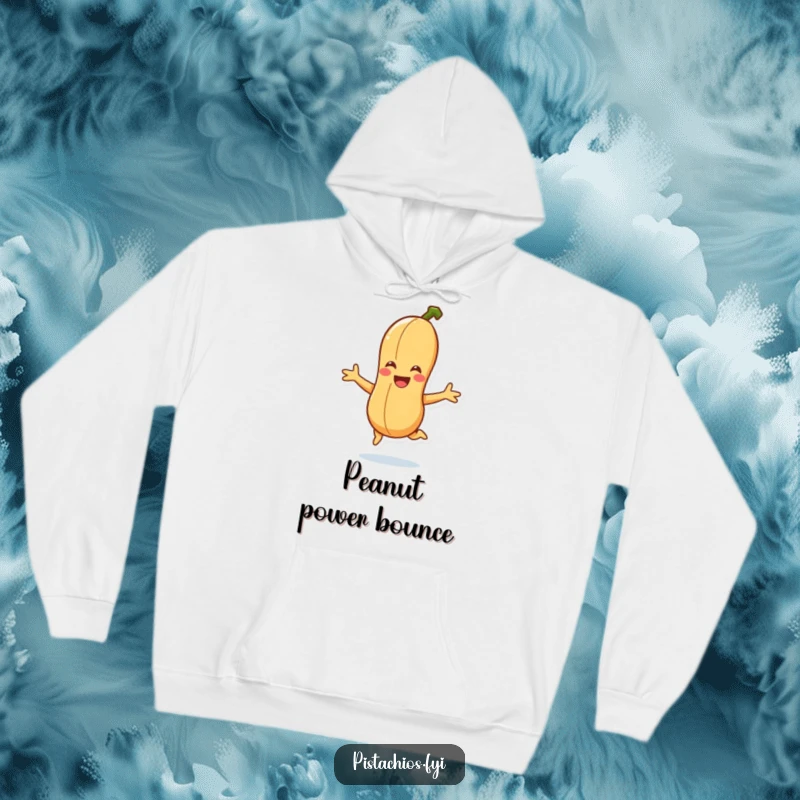 Funny smiling peanut character performing a joyful jump on a hoodie, offering cozy, humorous comfort and energetic vibes.