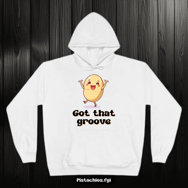 Funny nutty dance hoodie, cheerful shelled nut character dancing joyfully, warm and humorous apparel for fun-lovers.