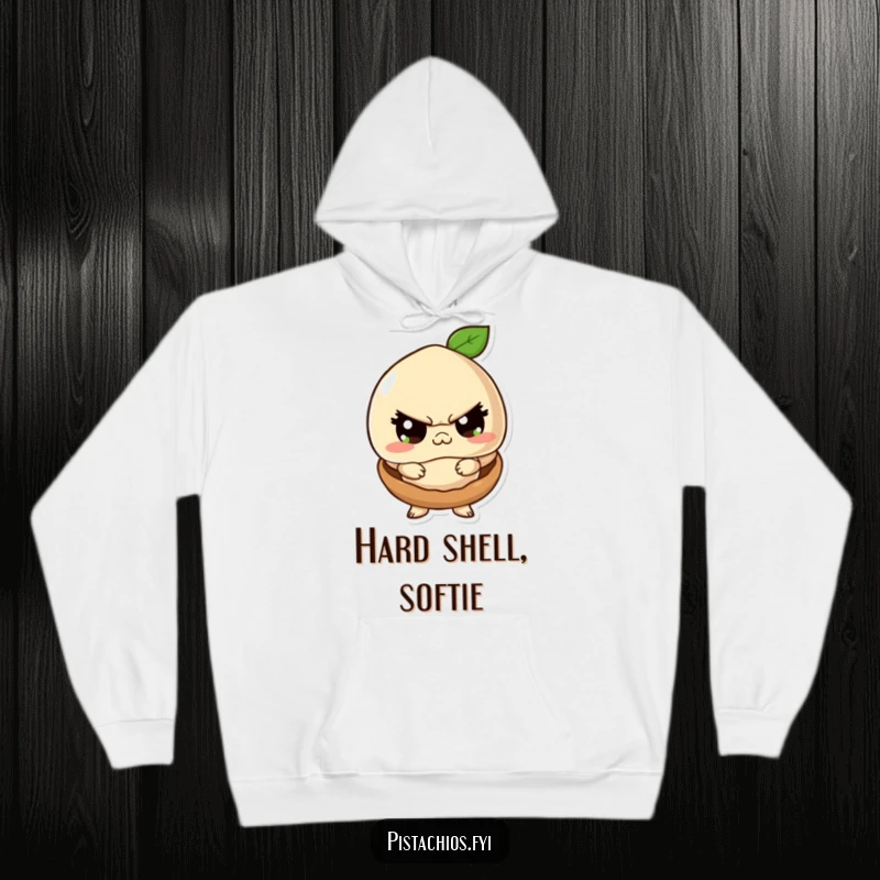 Funny hoodie showcasing a macadamia nut character adopting a tough facade from within its small, secure shell, radiating playful defiance.