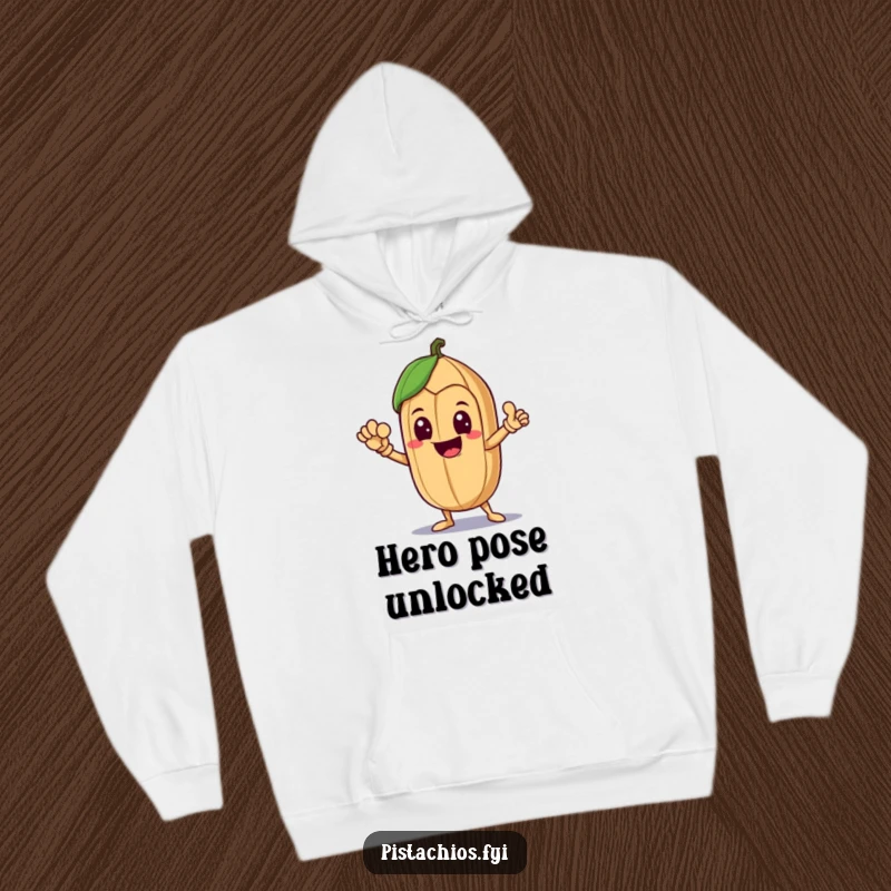 Funny Hoodie featuring a delighted Brazil nut character striking a powerful heroic pose, embodying strength and a playful spirit.