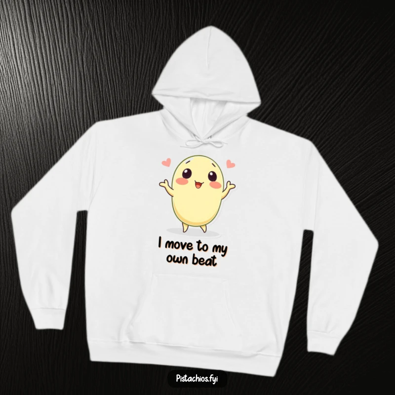 Funny hoodie showcasing a gleeful pistachio character in a dance pose. This warm and humorous apparel brings smiles and comfort to the wearer.